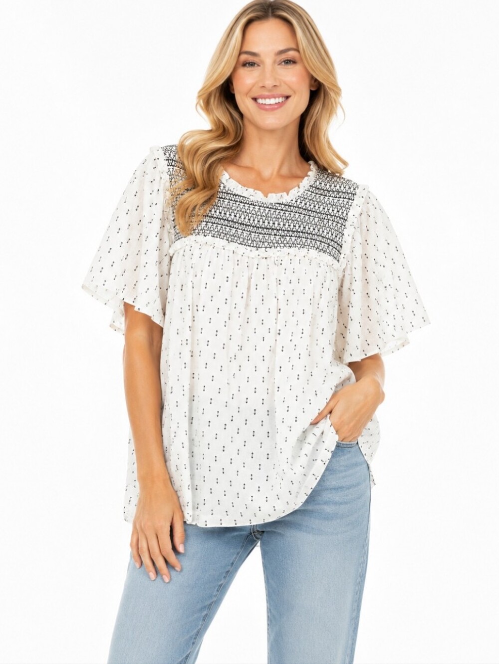 Lauren Conrad White Embroidered Flutter-Sleeve Women's Top (Size:xxl)